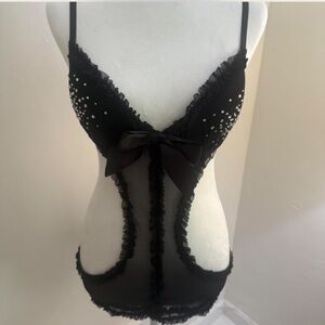 Black mesh crystal embroidered bodysuit